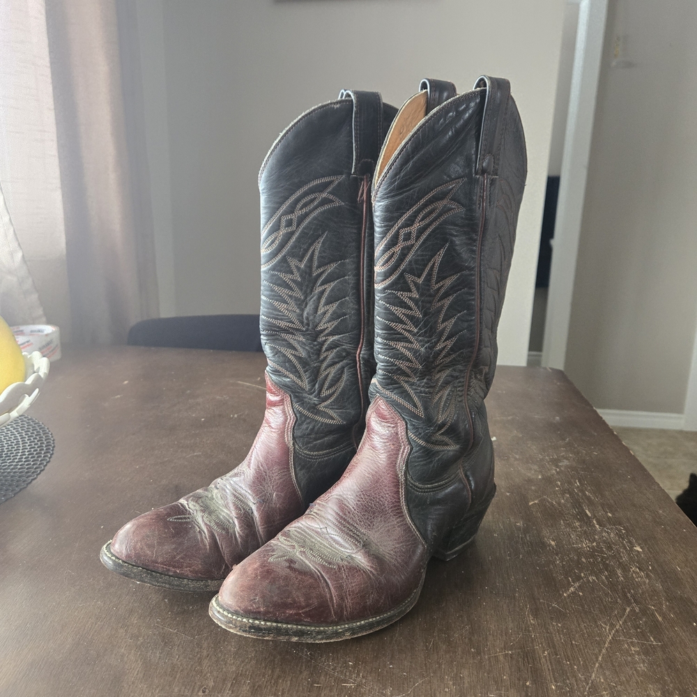 Alberta Boot Company Leather Western Boots - Black & Burgundy Canadian Made